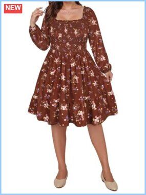 Plus Size Mini Dress Square Neck Puff Sleeve Smocked A-Line Casual